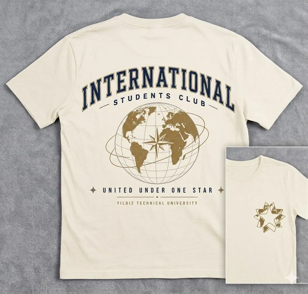 Front and back view of the cream International Students Club T-shirt