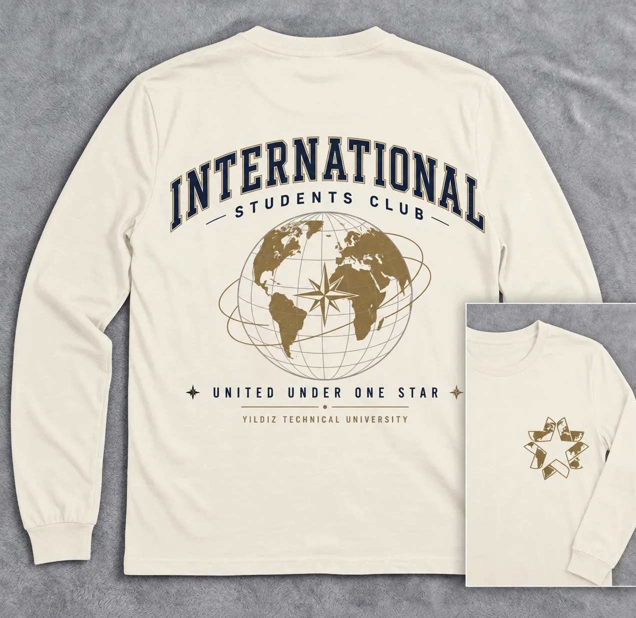 Cream long-sleeve International Students Club shirt shown from the back and front