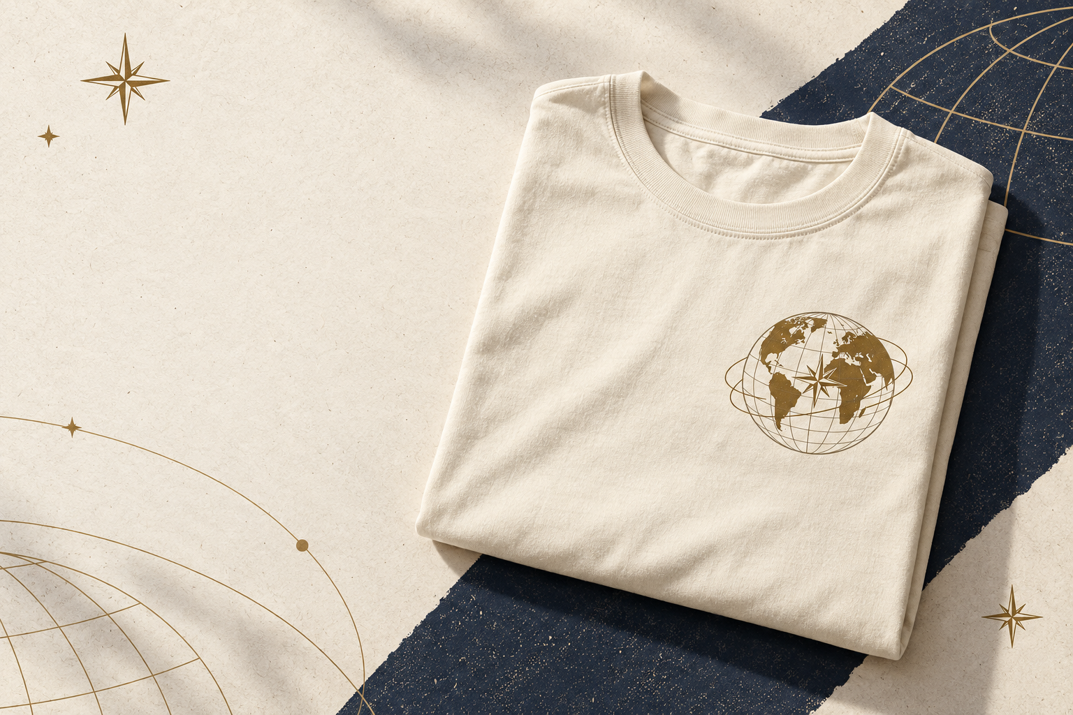 Cream club T-shirt on a navy and gold, globe-inspired backdrop