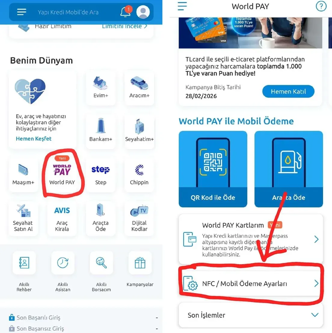 Steps 1 and 2: World PAY under Benim Dünyam, then NFC / Mobil Ödeme Ayarları
