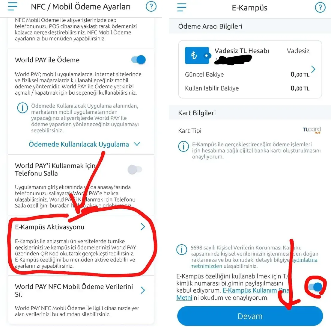 Steps 3 and 4: E-Kampüs Aktivasyonu, then the consent switch and Devam